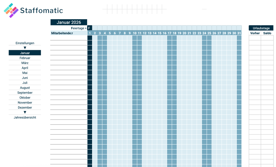 Excel Urlaubsplaner 2026 kostenlos herunterladen • Staffomatic